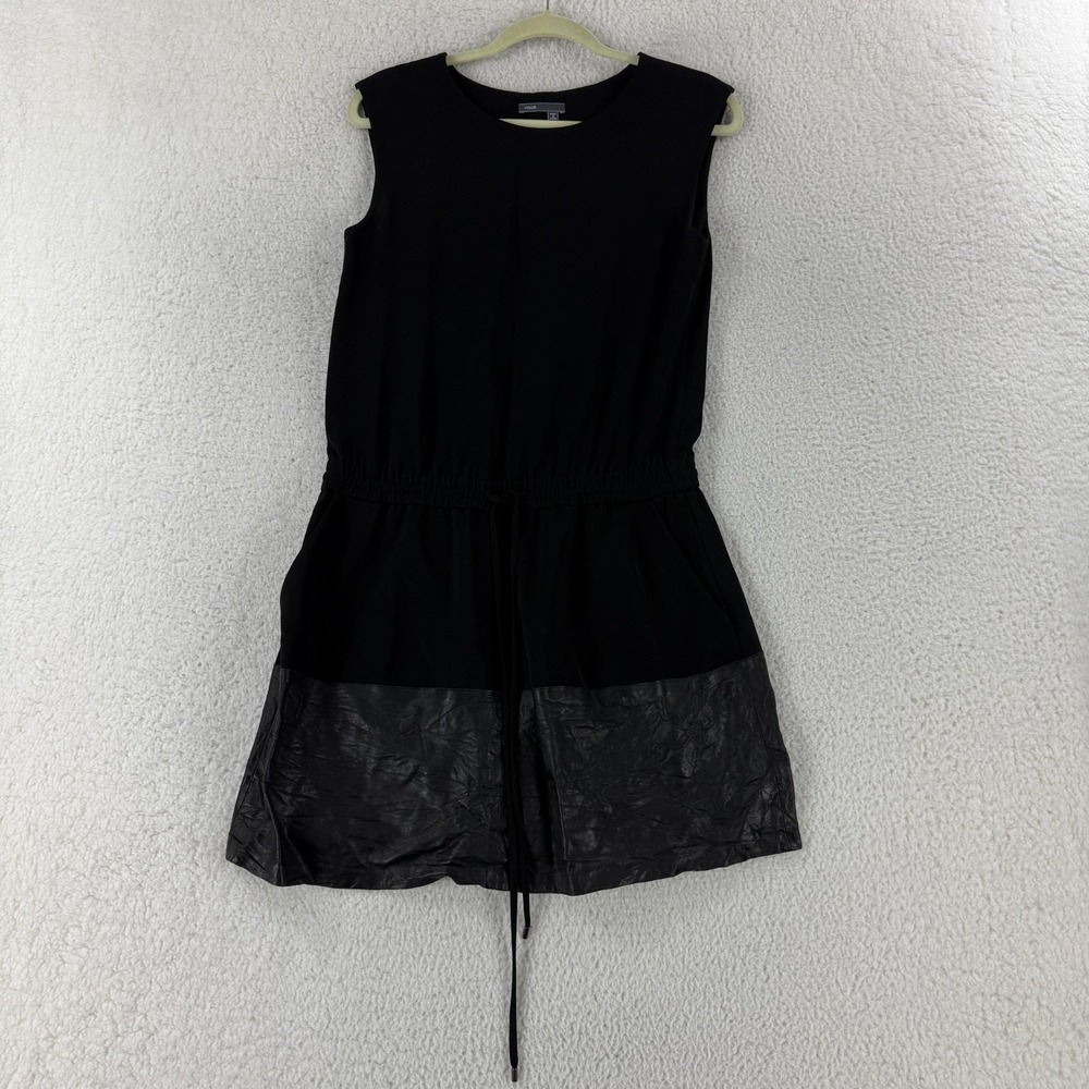 Vince Leather Trim Dress Womens Size XS Black Drawstring Sleeveless Casual‎
